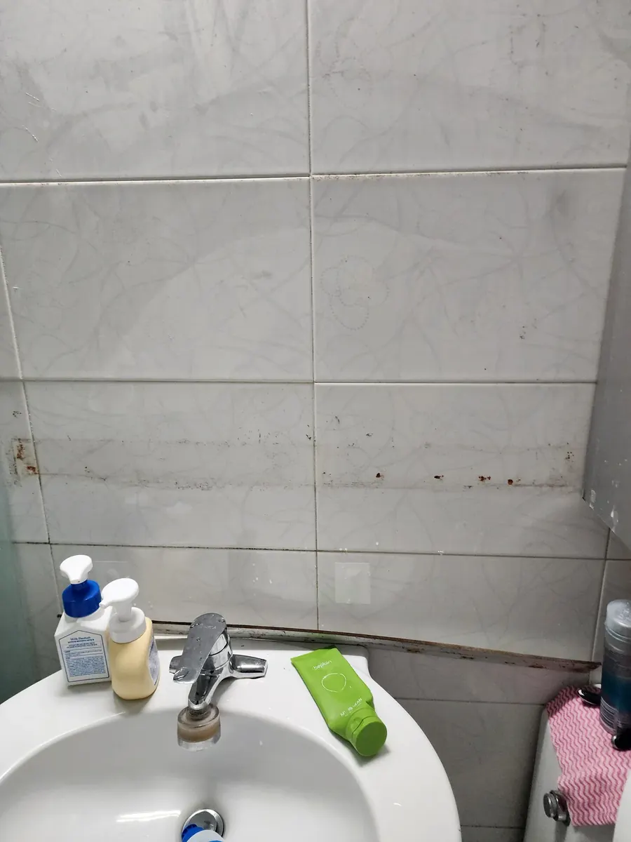 욕실 거울 규격 — 거울을 뗀 뒤 남은 녹슨 테두리 자국